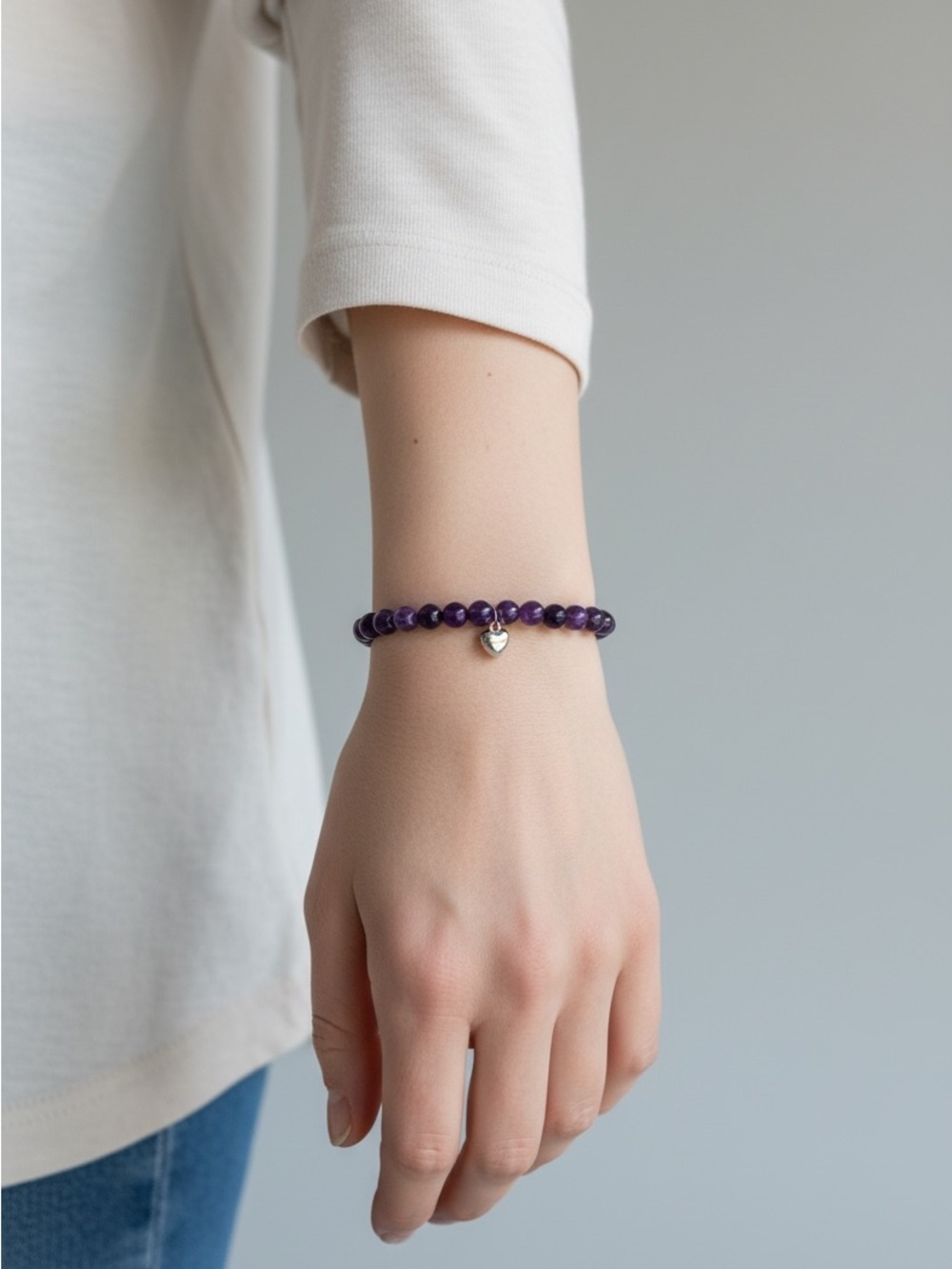 10/15 Amethyst Beaded Heart Charm Bracelet - Purple